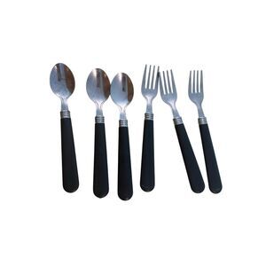 Lot of 6 Stainless Essex Black Plastic Handle Forks & Spoons 7"